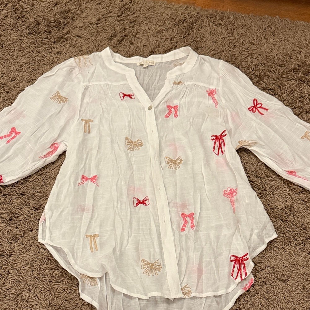 White Blouse with Pink and Tan Bow Accents
